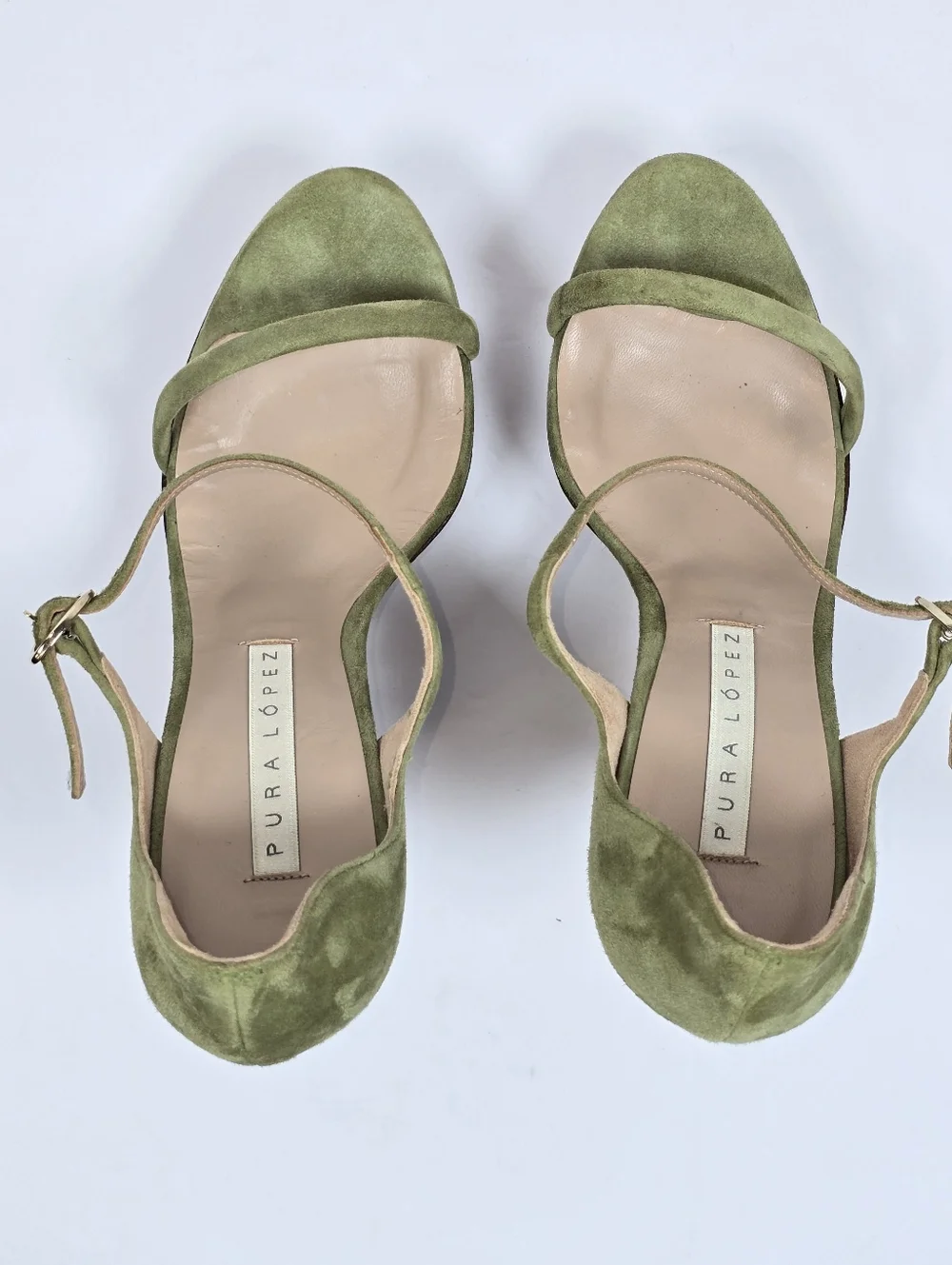 Pura Lopez Green Suede Countour Wood Wedge Platform Sandals Ankle Strap 38 - Picture 6 of 14